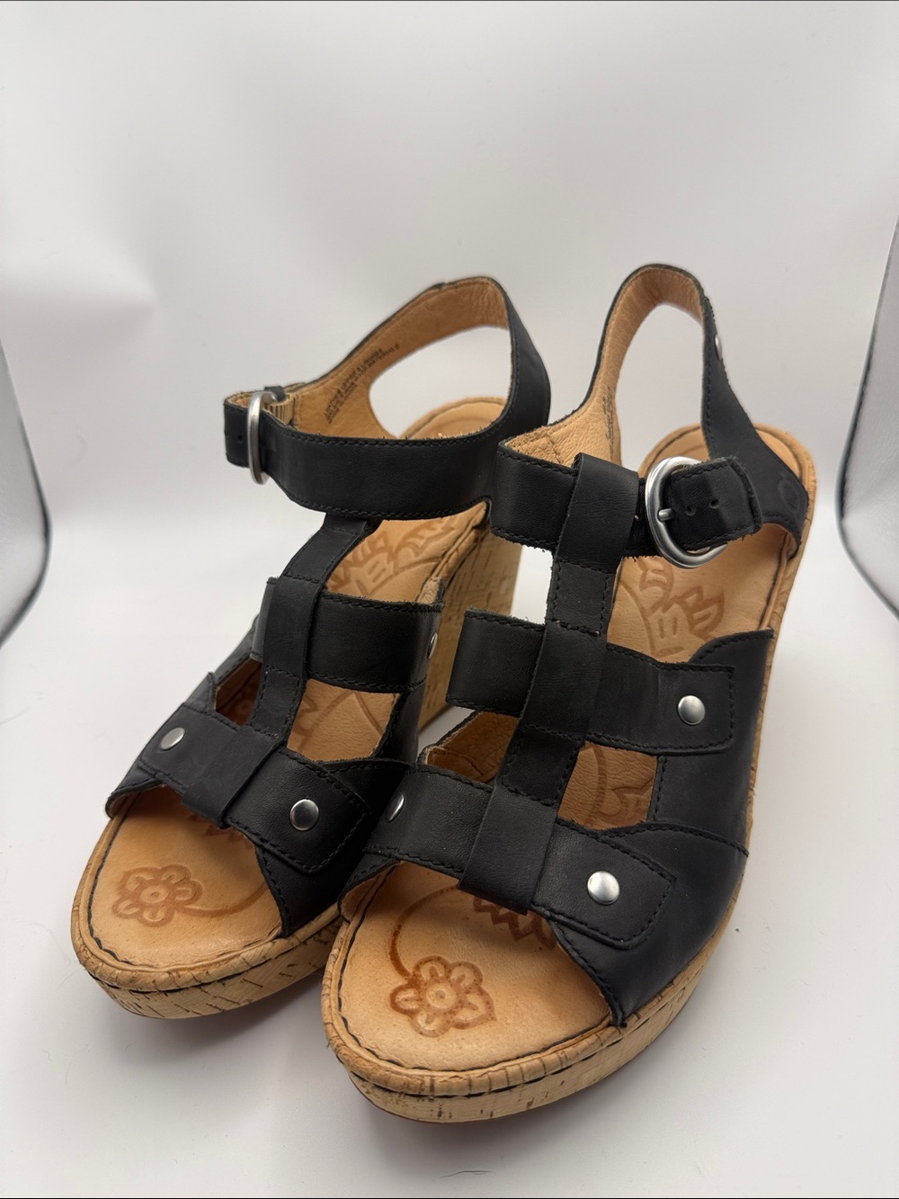 Born Black Leather Wedge Sandals with Buckle